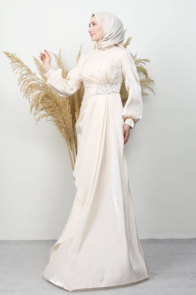 Belden Taş İşlemeli Abiye Krem 